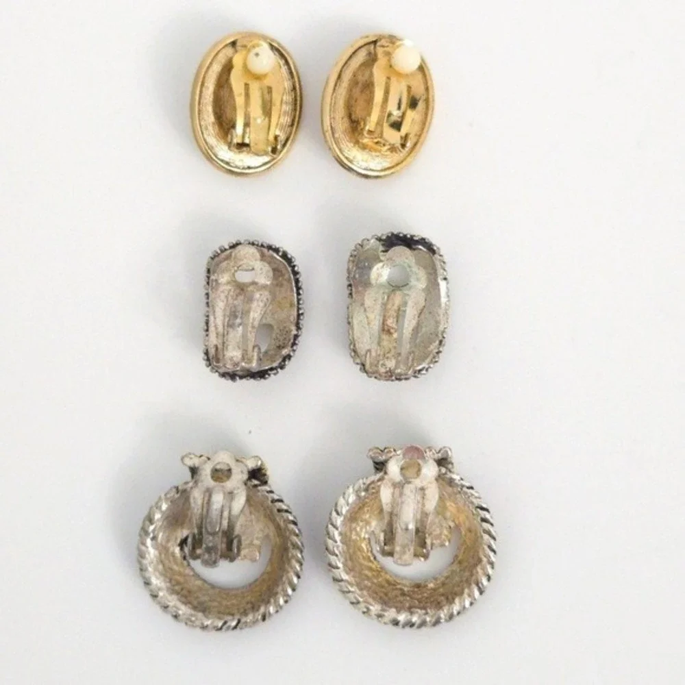 Vintage Gold & Silver Rope Cable Hoop Clip Earrings (Set‎ of 3)